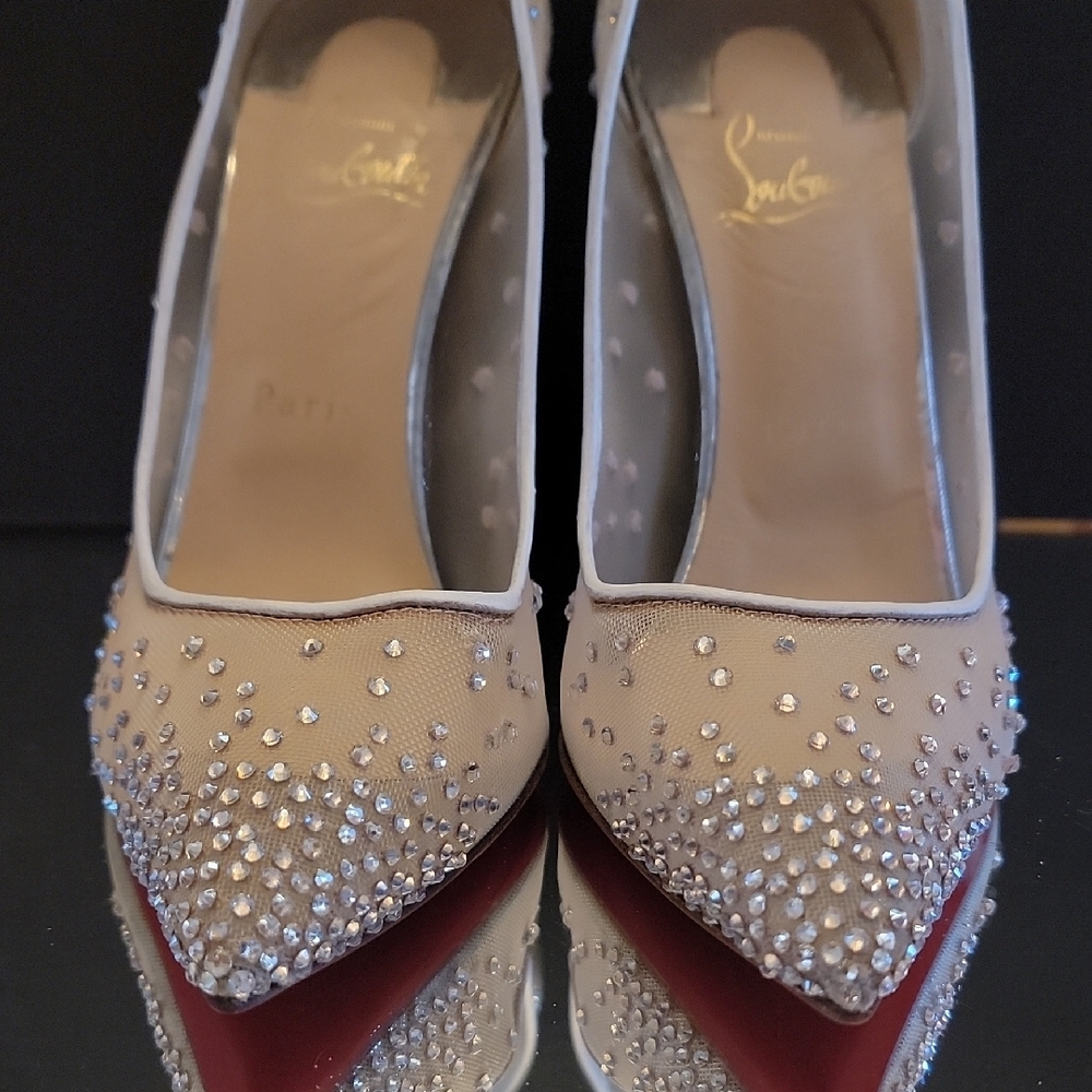 Christian Louboutin Follies Crystal Embellished Silver Pumps 100 Heel Sz38.5 - Picture 2 of 16